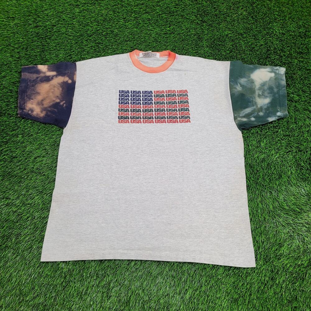 Vintage 90s USA Colorblock Shirt L/XL 23x28 Gray Spellout